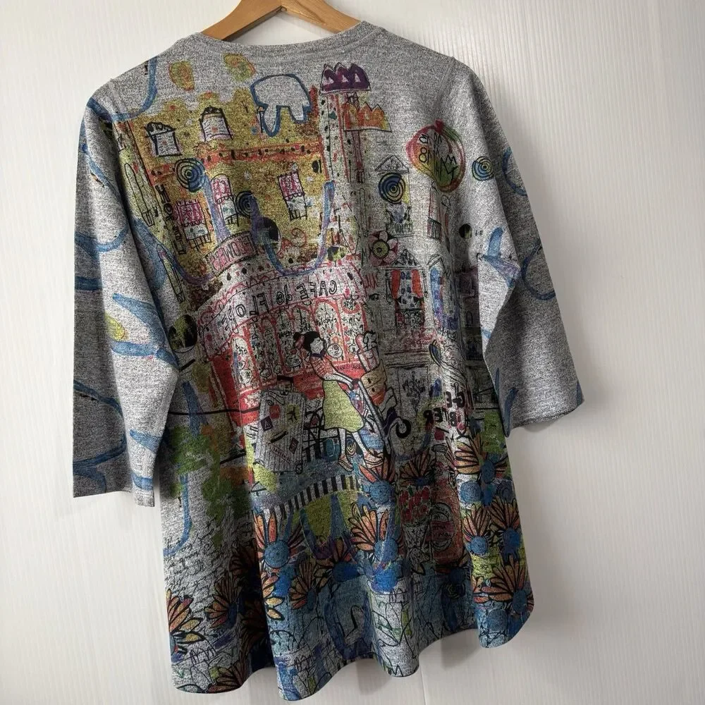 Inoah Women City Walk Crew Neck 3/4 Sleeve Top Size XS Tee Tunic Graffiti